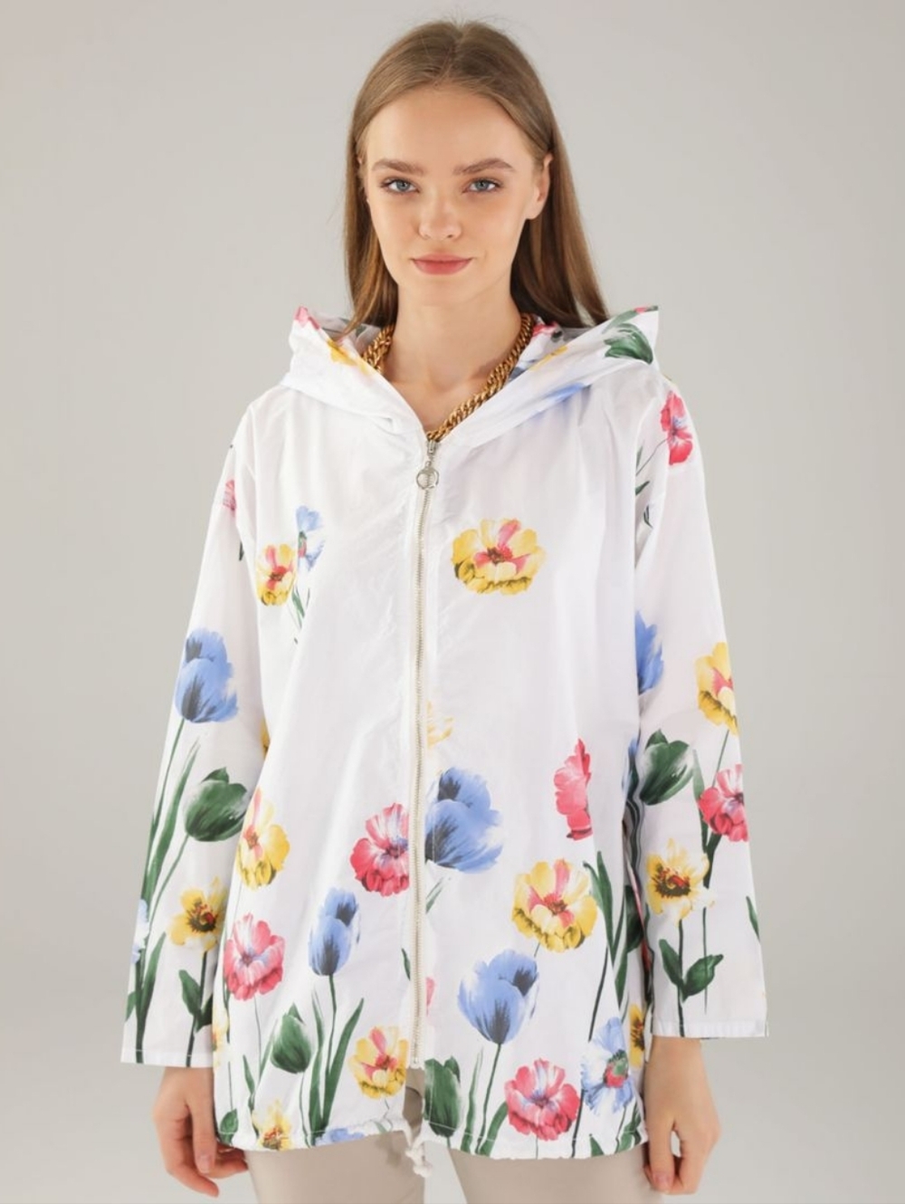 Marbella Lightweight Floral Jacket Size L Full Zip Hooded Spring EUC
